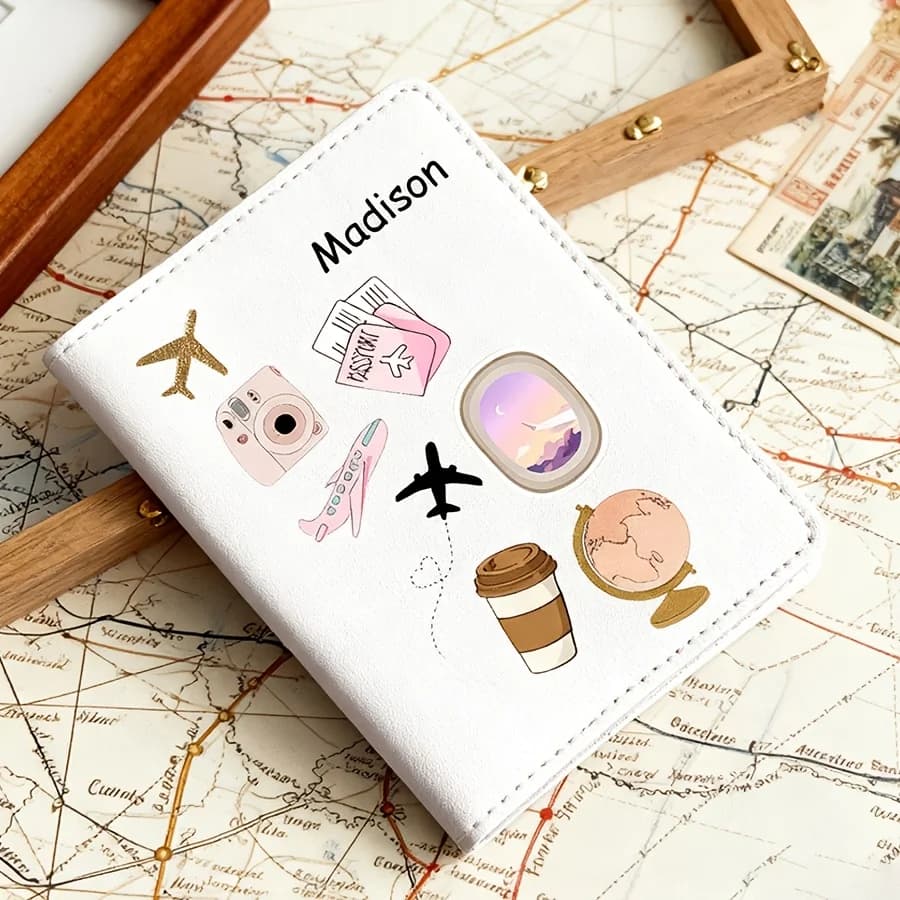 1pc Personalized Name Text Custom PU Passport Holder, Cartoon Pattern Designed Passport Case, Faux Leather Scratch-Resistant