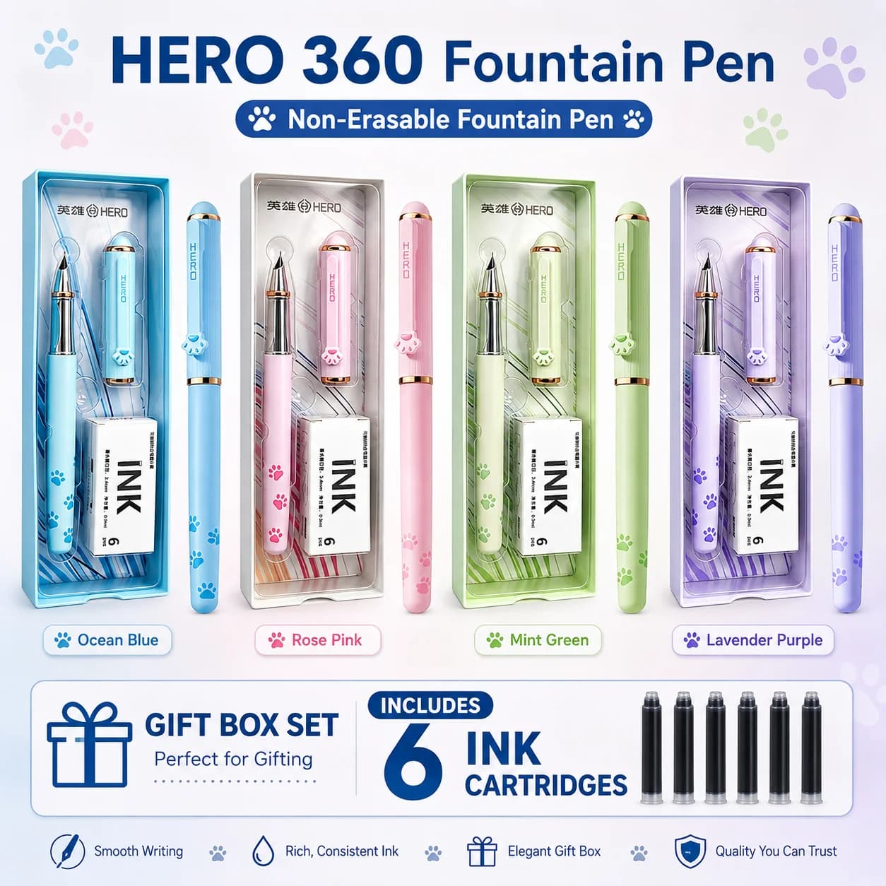 HERO Cute Cat Claw Fountain Pen Hero P360 Magnetic Cap Smooth Writing Kids Posture Correcting School Stationery Gift