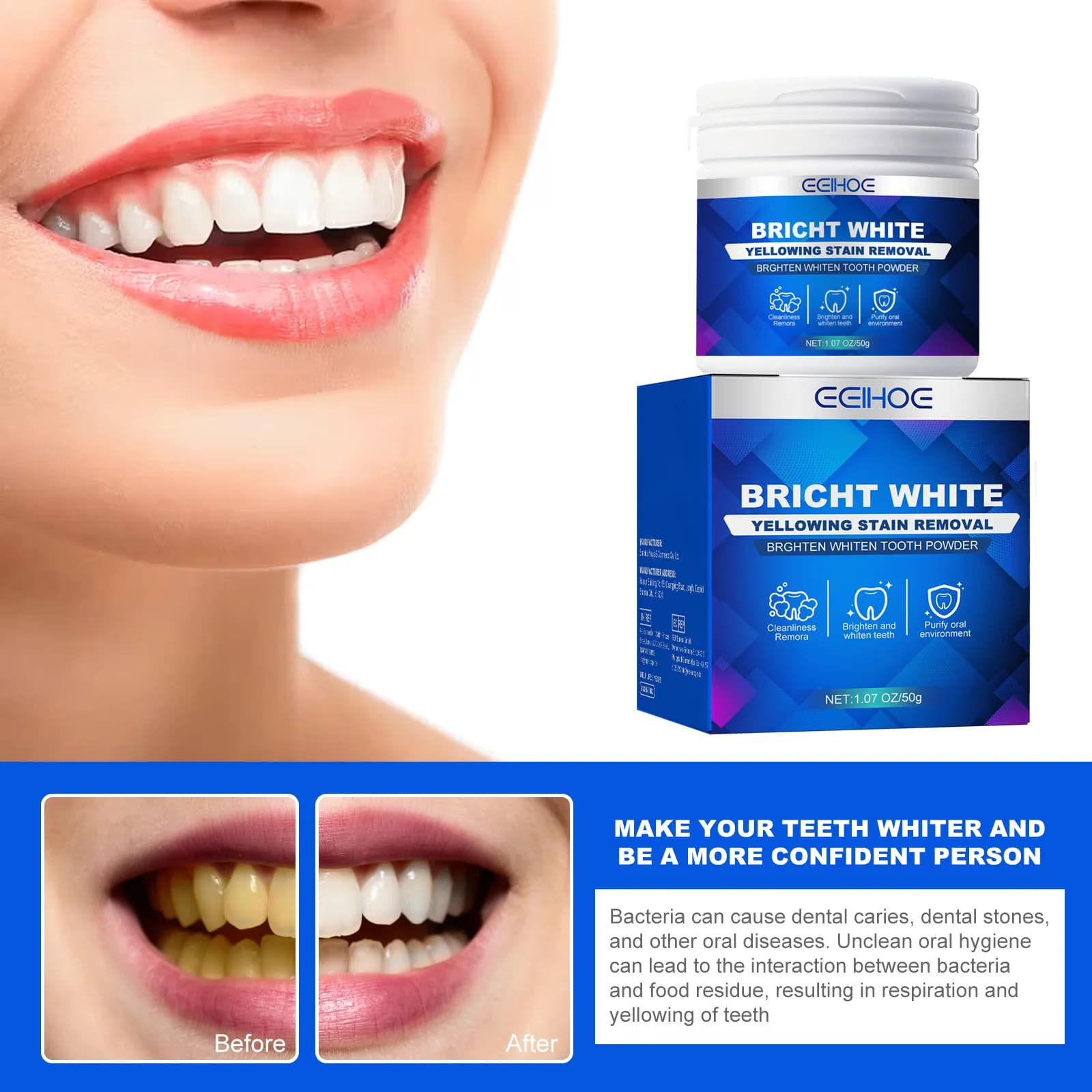 Eelhoe 50g Tooth Whitening In Smooth Powder Remove The Mask Clean Scent of Plaque Dental Fresco Mal Alito Whitening of the Tooths in Powder