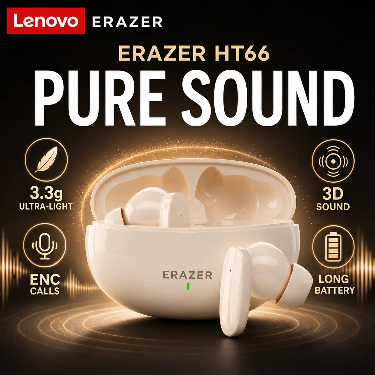 Lenovo ERAZER HT66 Wireless Earbuds Bluetooth 5.4 TWS In-Ear Gaming HiFi Stereo Surround Sound Sport Headset 32H with Mic
