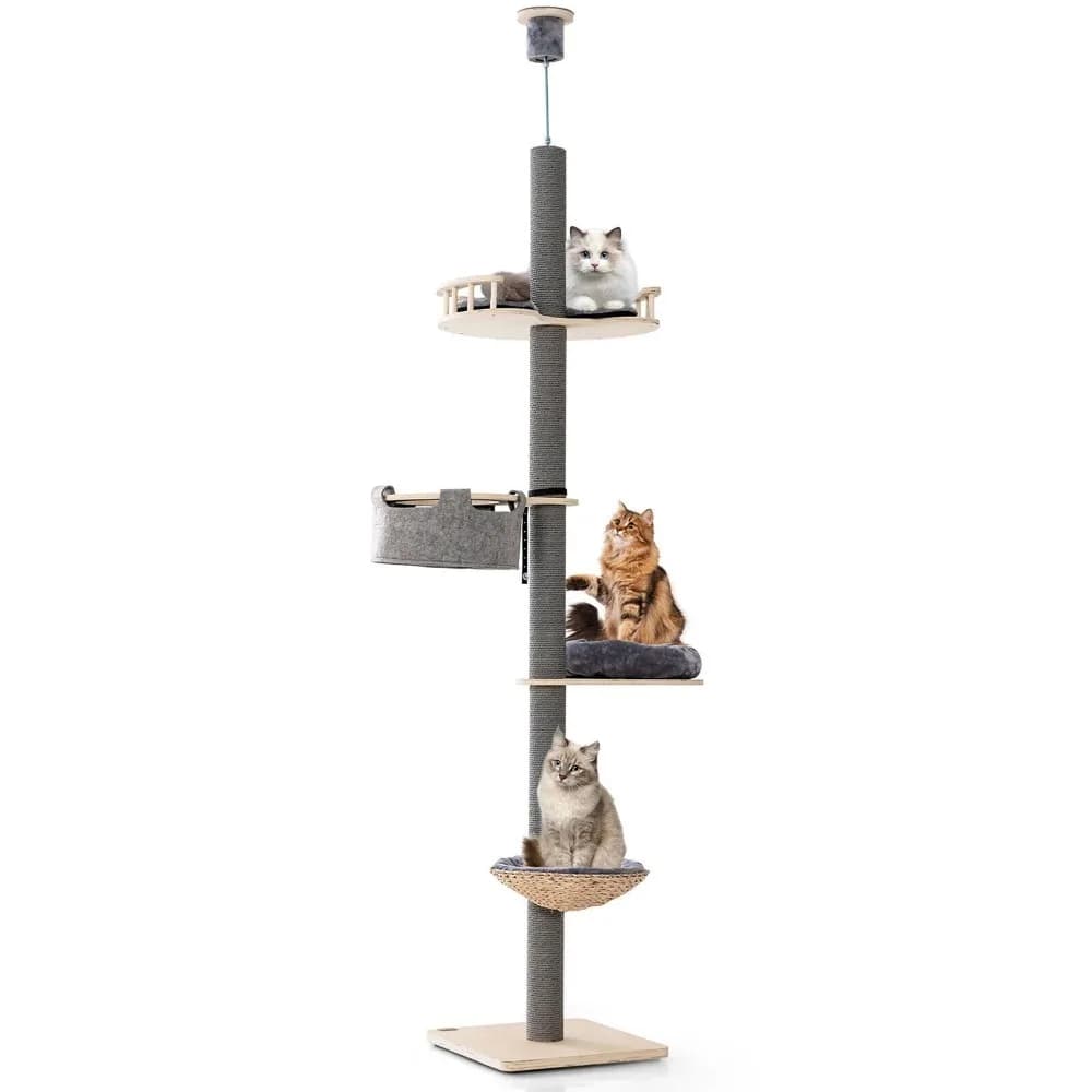 Albero per gatti a 5 livelli da terra a soffitto con altezza regolabile da 93'' a 107'' e amaca accogliente