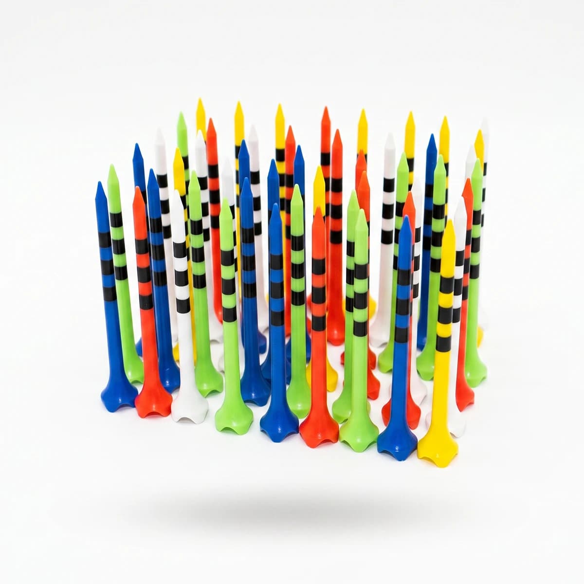 Striped, Multi-Colored, Four-Prong Golf Tees—Available in a Mixed Pack of 50 (Five Colors) and Offered in Two Size Options.