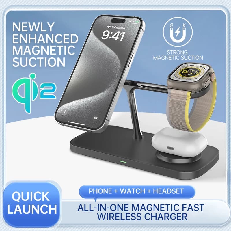 Stazione di ricarica wireless QI2 per Apple / Samsung Dock di supporto per caricabatterie 3 in 1 per iPhone 12-16 AirPods Apple Watch 10 9 8 7 6 5