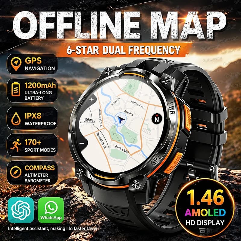New GPS Map No Signal Navigation Smart Watch 1200mAh Battery Compass Built‑in ChatGPT Call Waterproof 170+ Sport Military Watch