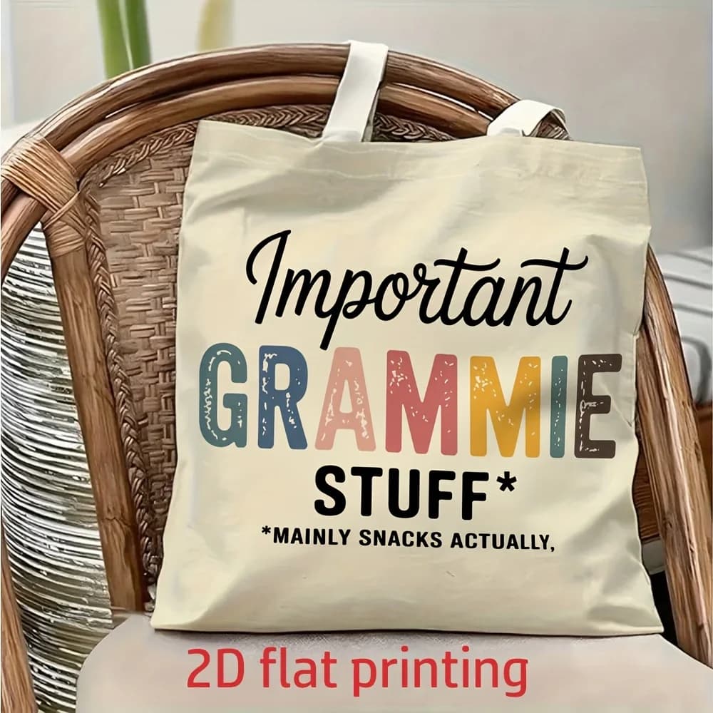 1 pezzo di borsa a tracolla in tela con motivo testurizzato alla moda "Important Grammie Stuff", borsa tote leggera e pieghevole con tracolla fissa, borsa per la spesa riutilizzabile, regalo perfetto per pendolarismo, viaggi, shopping, scuola e vacanze