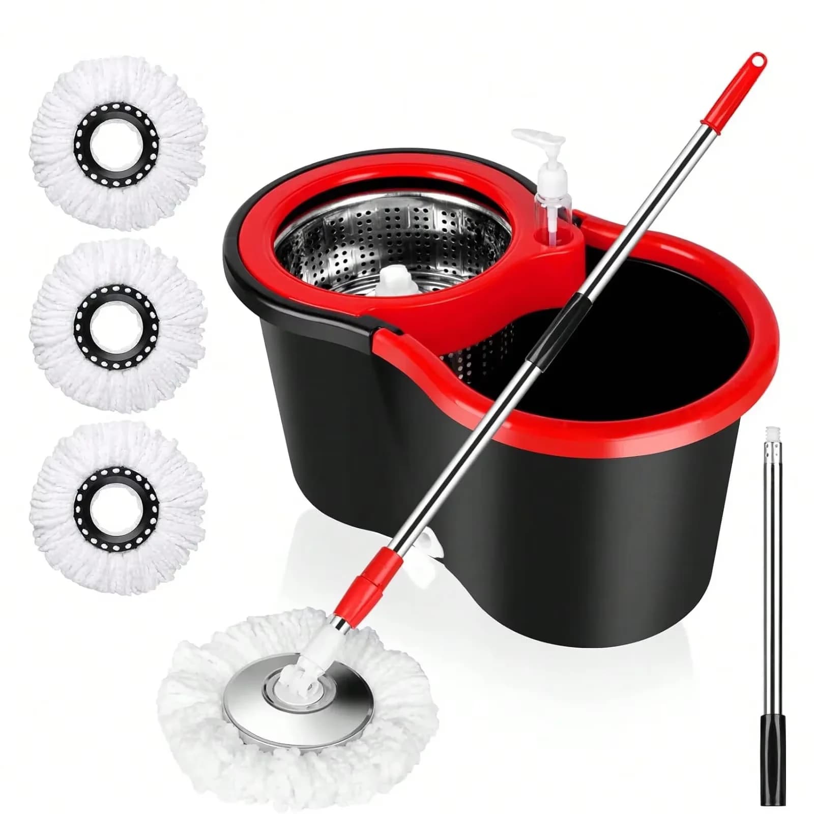 Rotating mop bucket set with 360 ° soap dispenser Swivel floor cleaner with 2 61 inch microfiber heads, stainless steel adjustable handle, 20QT