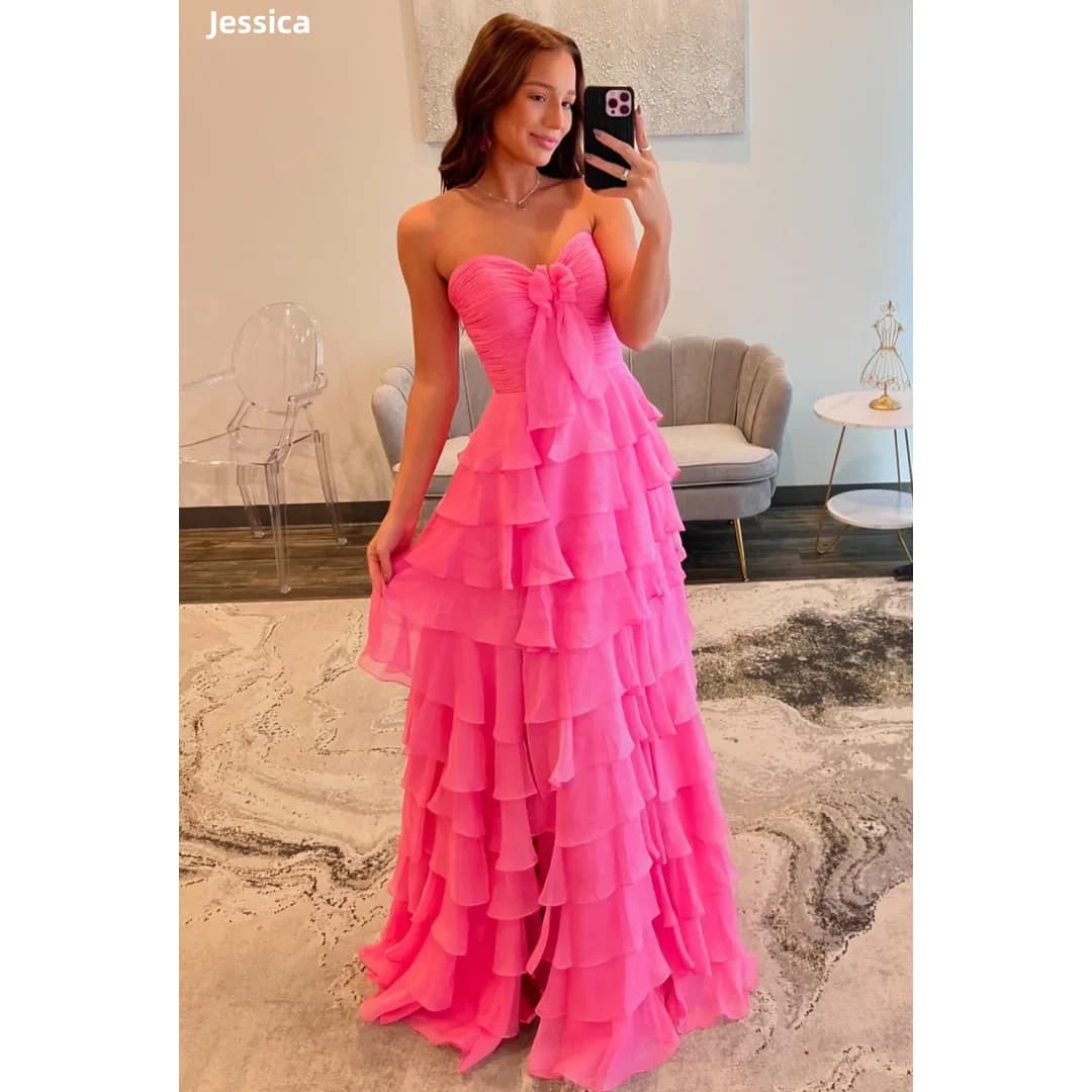 Jessica Sweet Pink Abiti da sera Abiti da ballo multistrato in chiffon plissettato Abiti da festa di nozze da donna con spacco laterale personalizzati