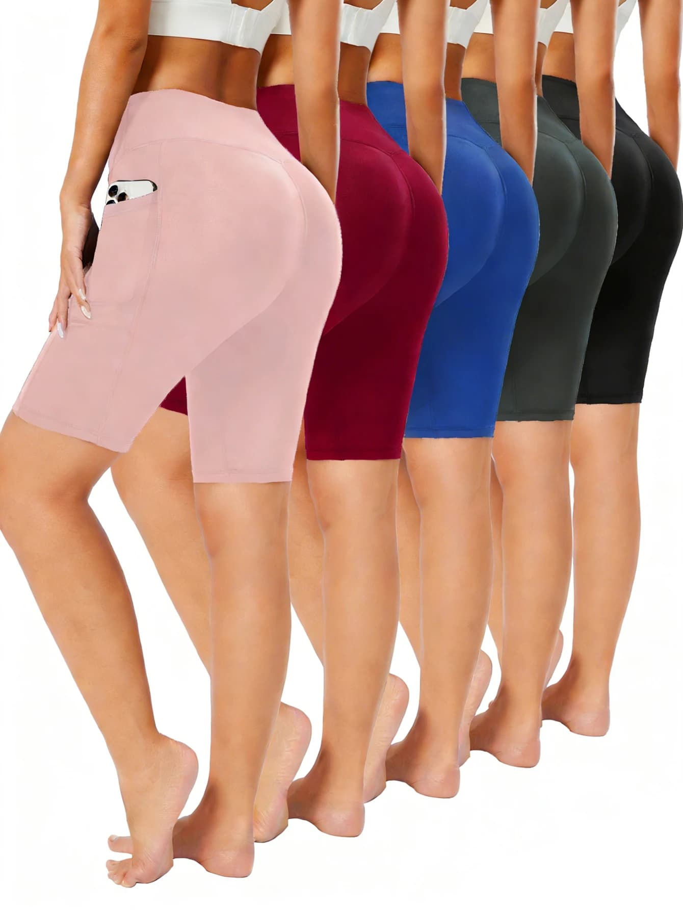 Women's 5-piece yoga shorts with pockets, high waist design that shapes the abdomen and lifts the buttocks, suitable for yoga