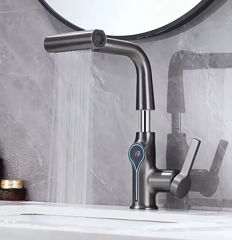 Sollevare verso il basso Spruzzatore Acqua calda fredda Miscelatore per lavabo Rubinetto per lavabo per bagno Cascata Temperatura Display digitale Rubinetto per lavabo