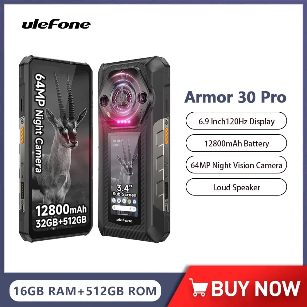 Ulefone Armor 30 Pro 5G Telefono robusto 12800mAh 64MP Telecamera per visione notturna Telefono cellulare Android 14 Fino a 32GB + 512GB Cellulare NFC