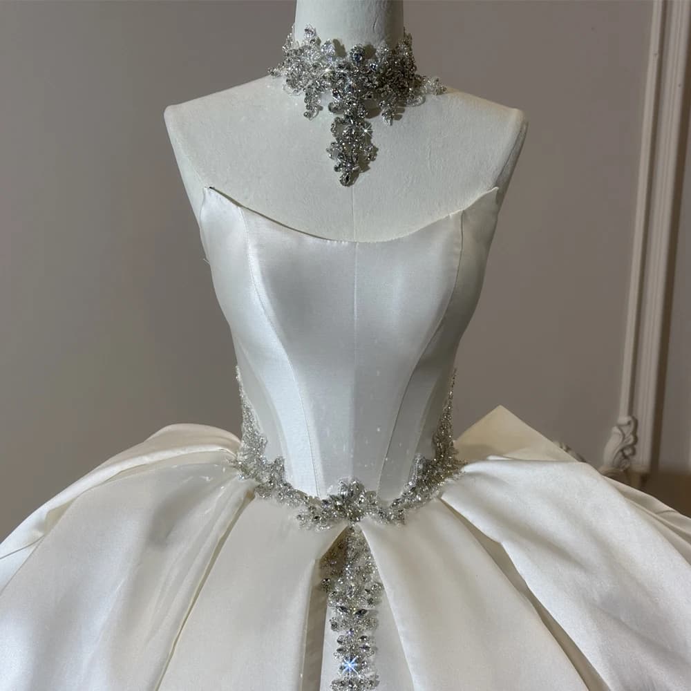 Cheap Satin Bridal Dresses For Weddings With Crystal Neckline Ball Gown Long Train Vestido Branco