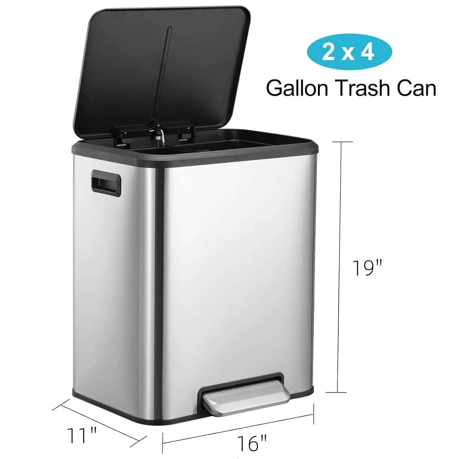 Dual Trash Can, 2 x 4 Gal (15L) Stainless Steel Recycling Bin with Soft-Close Lid, Step Pedal, Removable Inner Buckets, Kitchen Garbage Can, Silver