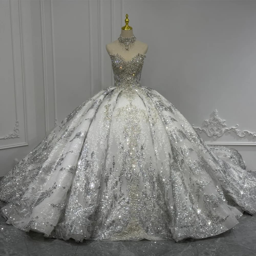 Luxury Silver Wedding Dress with Detachable Necklace Sleeves Beading Lace Ball Gown Vestidos De Novias 2026