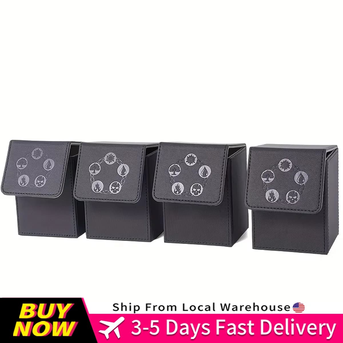 4 pack Trading Card Deck Box, Copyrighted Design，Fits 100+ Single Sleeved Cards, Closure PU Leather Card Box for TCG Cards