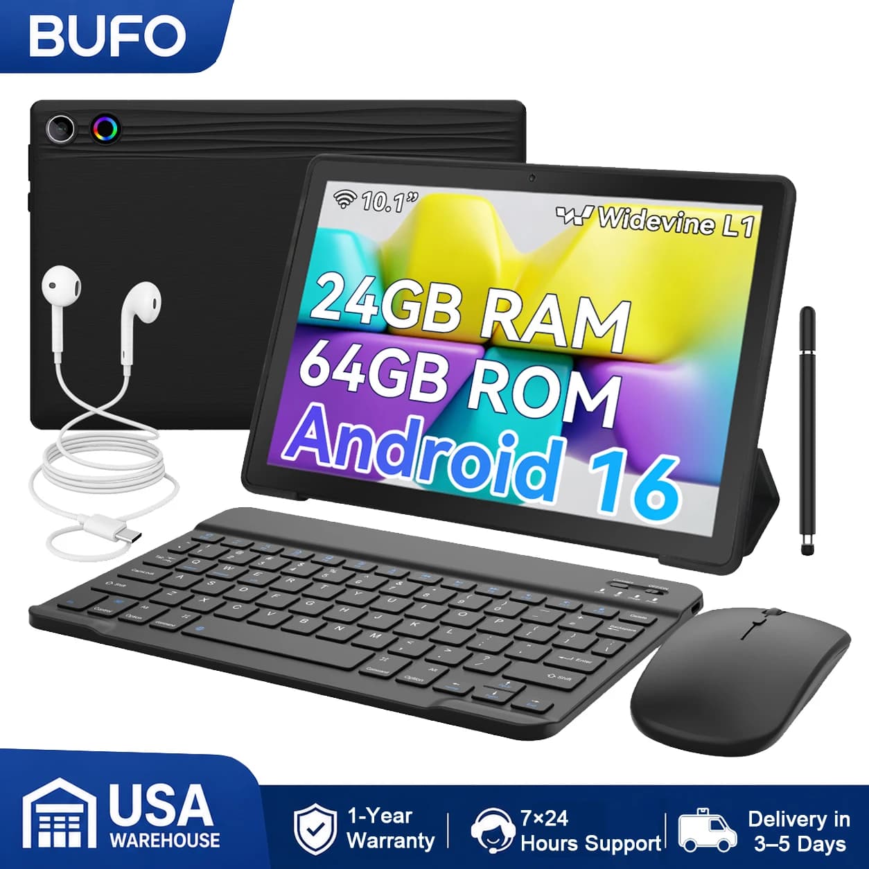 BUFO KB10L 10.1 Inch A333 Octa Core Tablet 24GB(3+21G) RAM 64GB ROM Android 16 1280*800 LCD Screen 6000mAh Battery 5MP Front 8MP AF Rear Camera Support TF Card Up to 1TB Type-C 2.0 Tablet PC for Study Office Entertainment