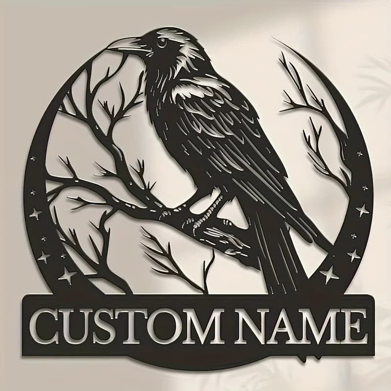 Personalized Raven Metal Wall Plaque, Custom Name Gothic Bird Art Indoor Outdoor Decor Gift For Bird Enthusiasts