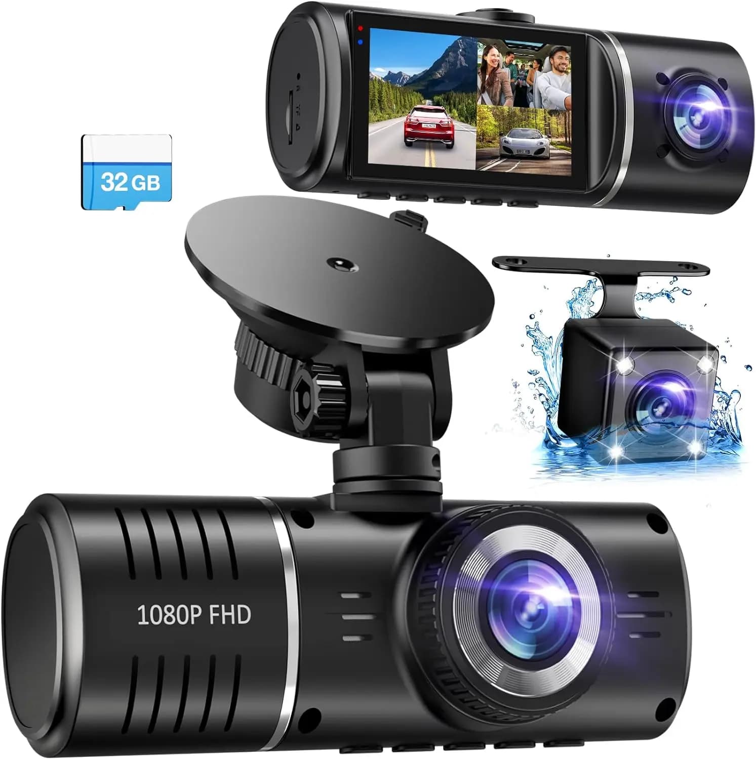 1080P FHD Dual Lens Car DVR Dash Cam, Front Rear Dashboard Camera Recorder, Waterproof Rear Cam, Night Vision Loop Recording, Free 32GB Memory Card for Car