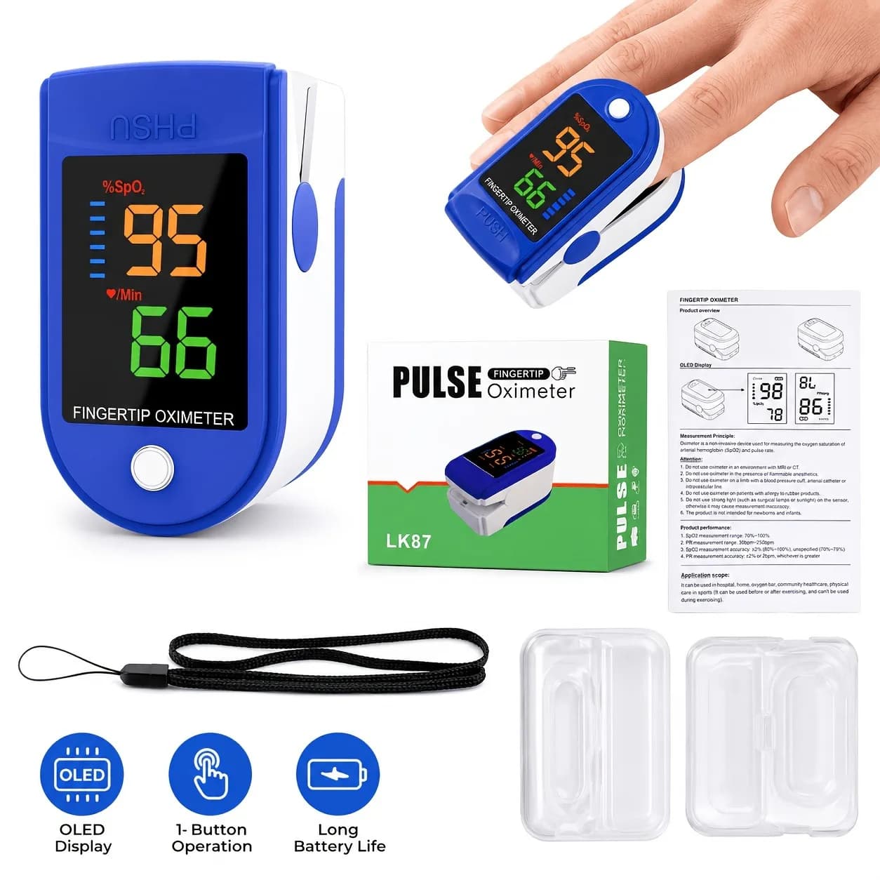 Large Display Fingertip Pulse Oximeter Heart Rate Monitor Blood Oxygen Saturation SpO2 Monitor Portable Fingertip Oxygen Monitor