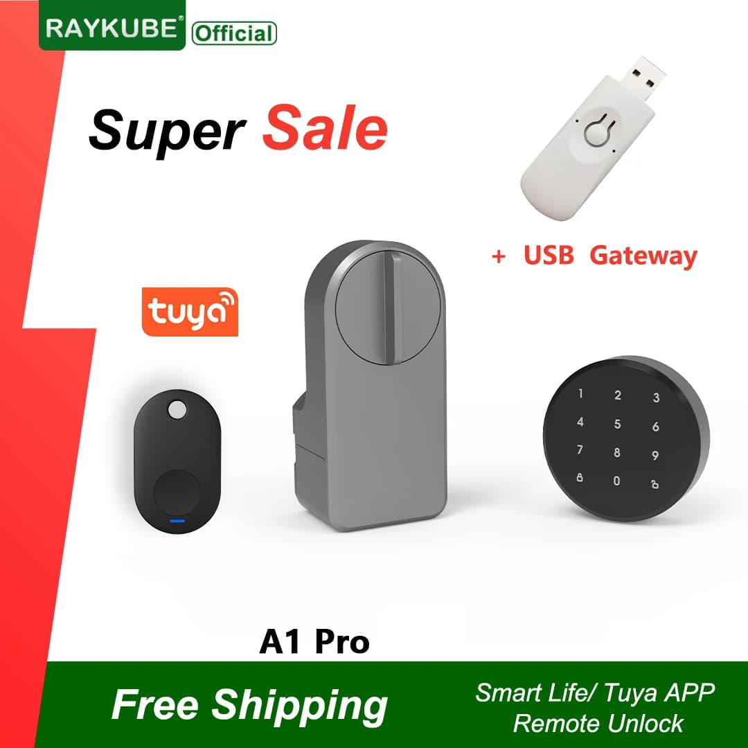 RAYKUBE A1 Pro Tuya BEL Set serratura intelligente con portachiavi/tastiera/chiave intelligente Tuya sblocco remoto Funziona con Alexa Google Assistant