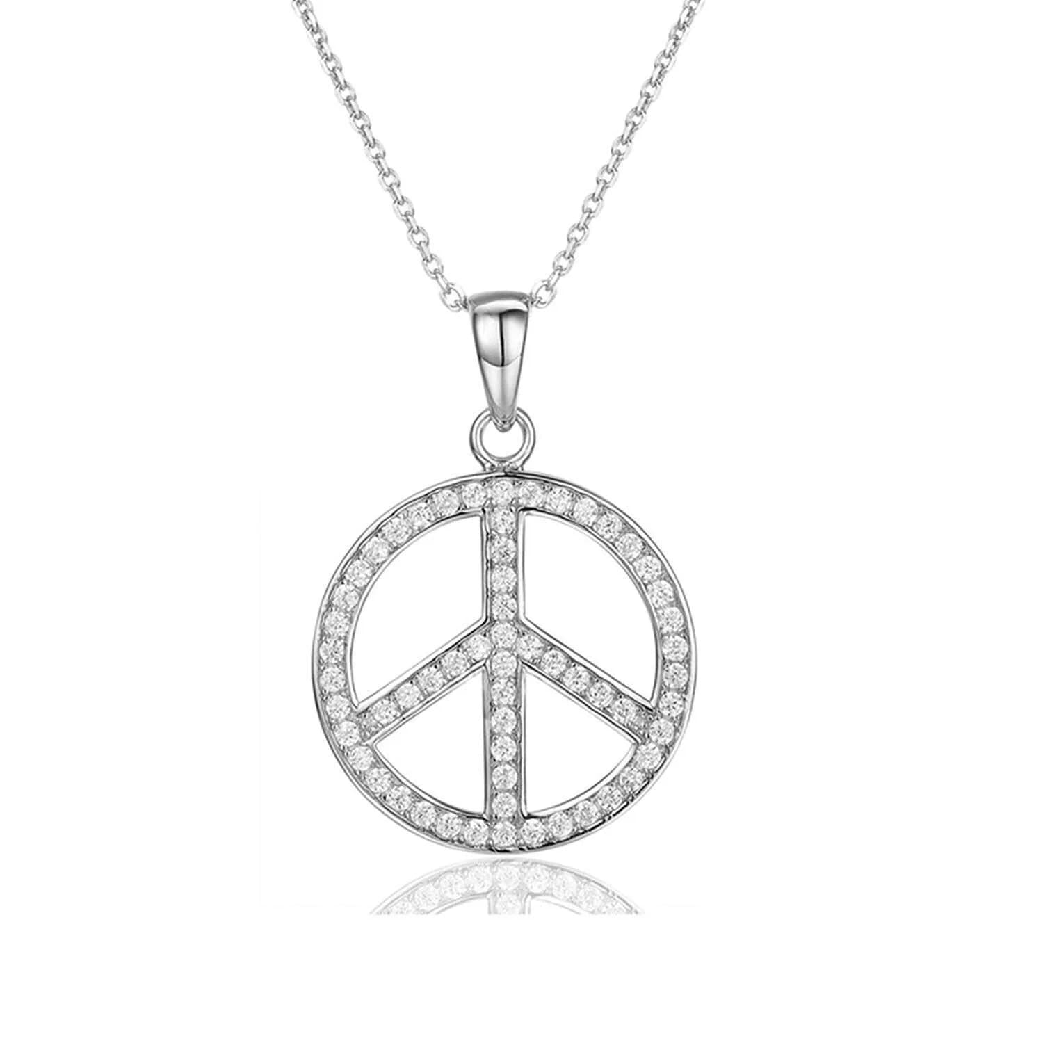 Collana con ciondolo rotondo in argento Sterling 925 Clear CZ Peace Sign per donna-18"