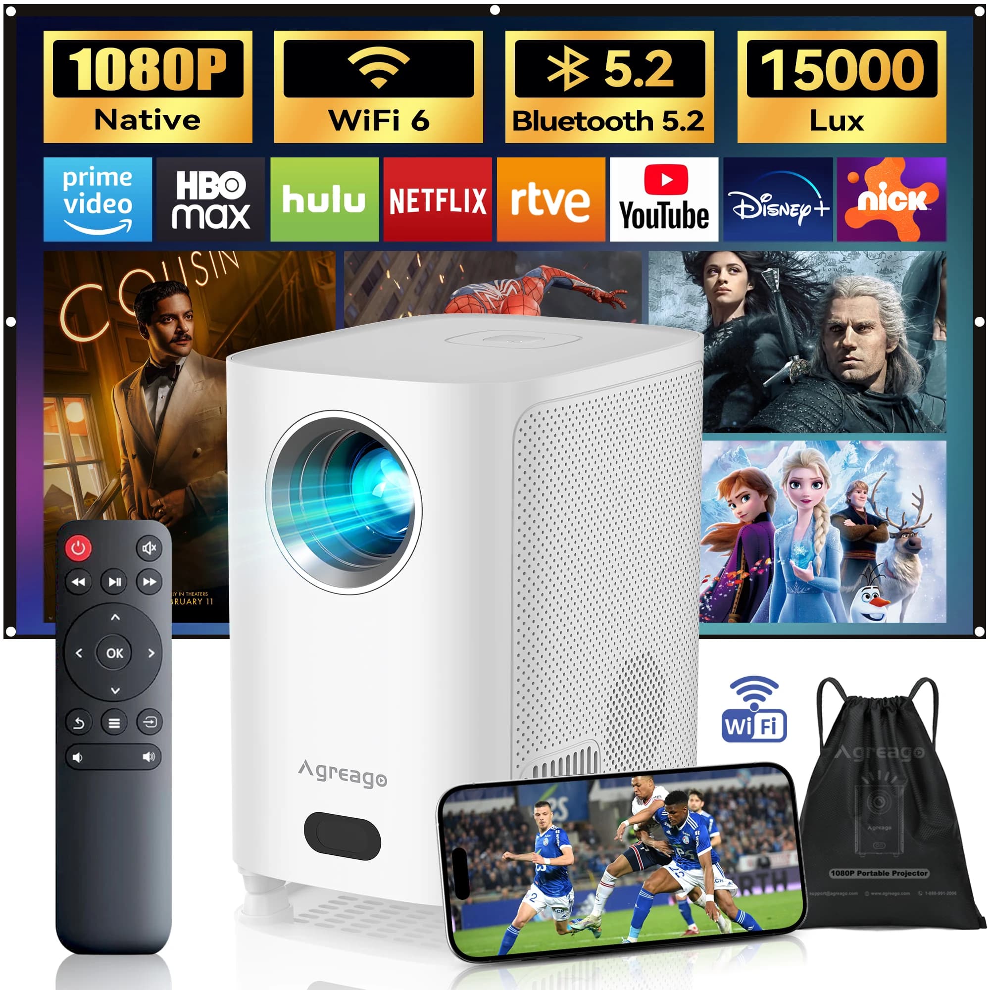 Proiettore Smart con WiFi e Bluetooth, Supporto 4K, Proiettore HD 1080P per Esterni, Compatibile con HDMI, USB, TV Stick e Smartphone