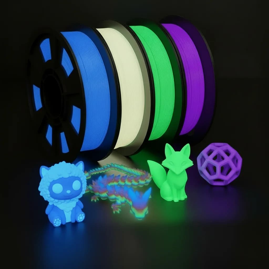 Pack of 4 filaments for 3D printer in PLA that light in the dark, assorted colors, blue, green, purple, rainbow, 250 g each, diameter 1.75 mm