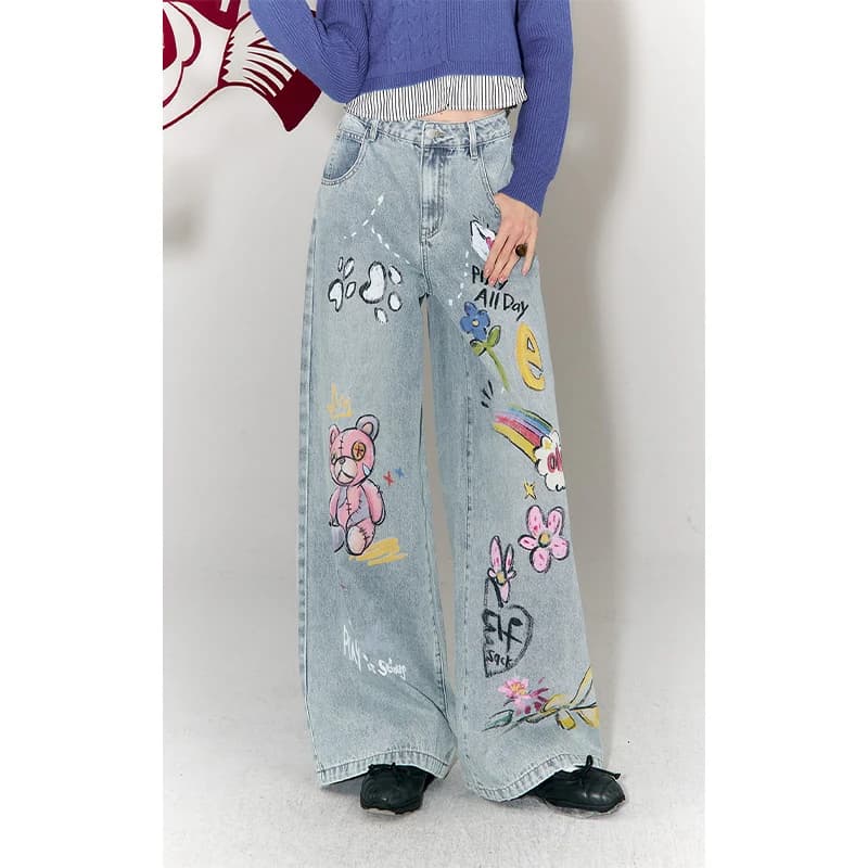 Jeans a gamba larga a vita alta da donna ELFSACK con grazioso ricamo di cartoni animati, pantaloni in denim streetwear Y2K per outfit casual