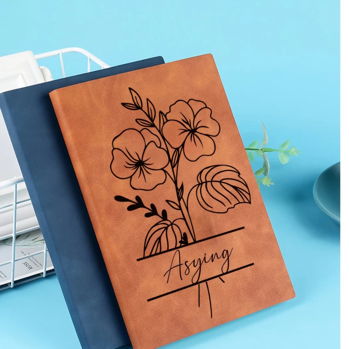 Custom Name A5 Leather Journal, Birth Flower Design Notebook, Planner & Sweet Valentine Gift for All