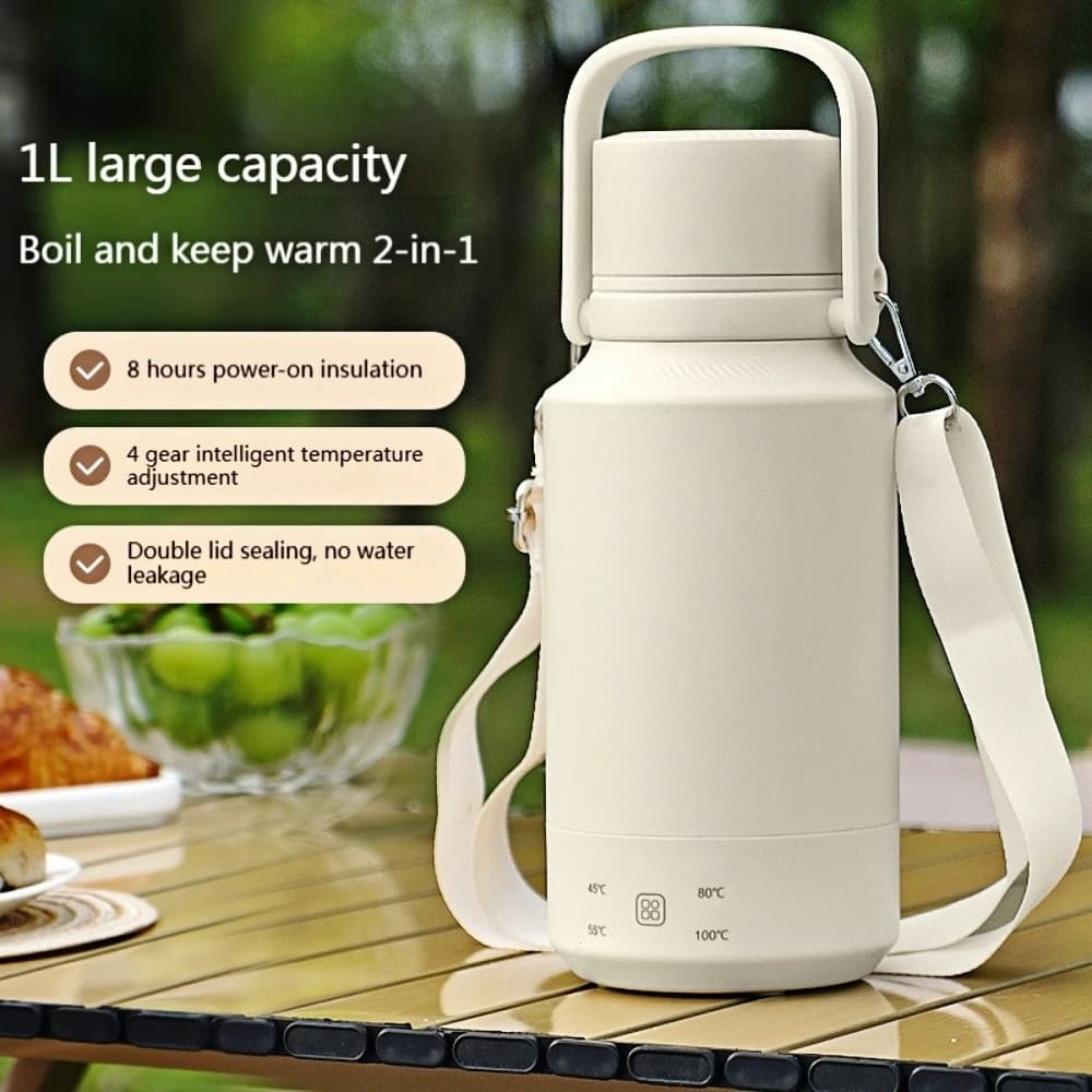 Bollitore da Viaggio in Acciaio Inox a Doppia Parete 1L con Funzione Mantenimento Calore, Mini Bollitore Elettrico Portatile con Coperchio in Acciaio Inox Antiperdita per Campeggio