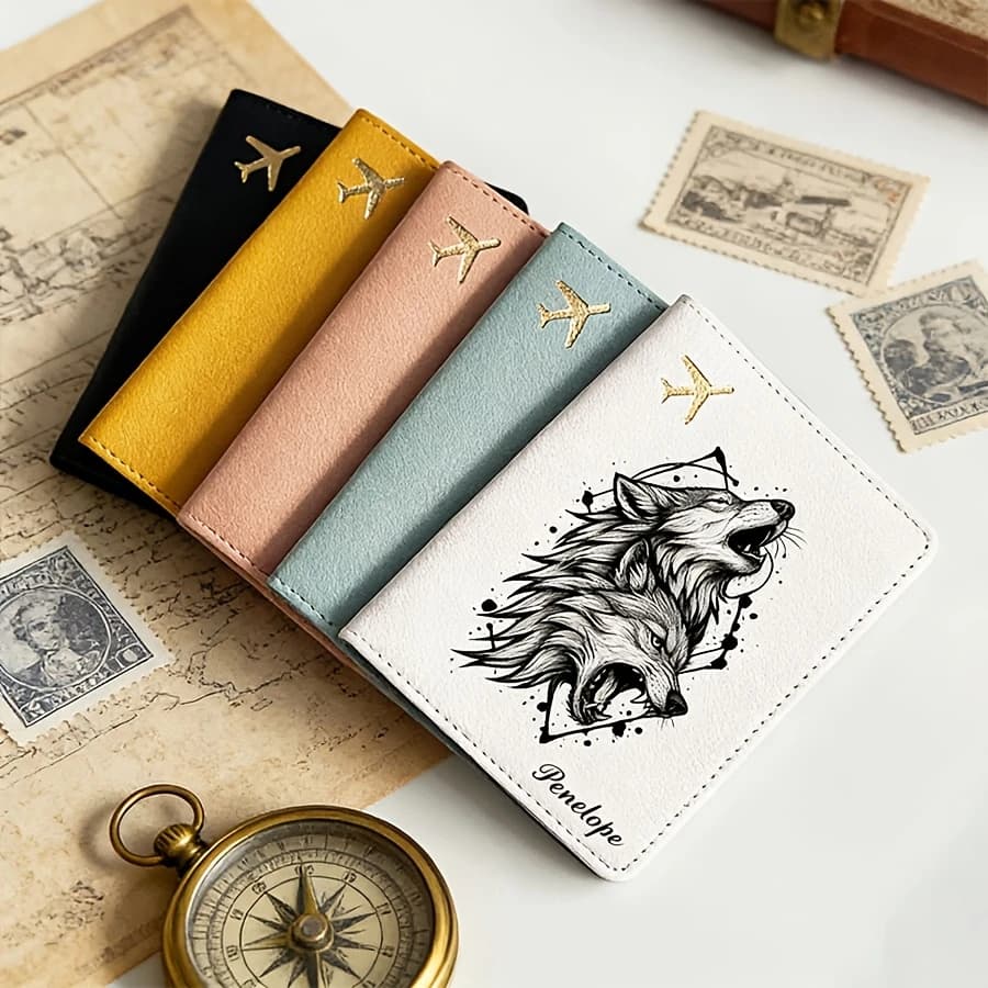 Custom Wolf Head Name Passport Holder Personalized Travel Wallet for Passport ID Credit Cards Documents