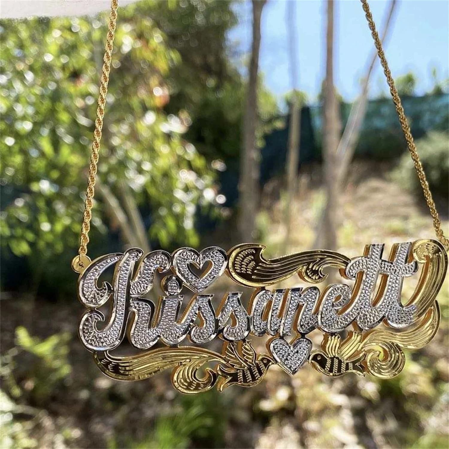 Zciti Custom Name Necklace 18K Gold Two Tone Gold Personalized Jewelry Stainless Steel Necklaces Double Plate 3D Nameplate Gift