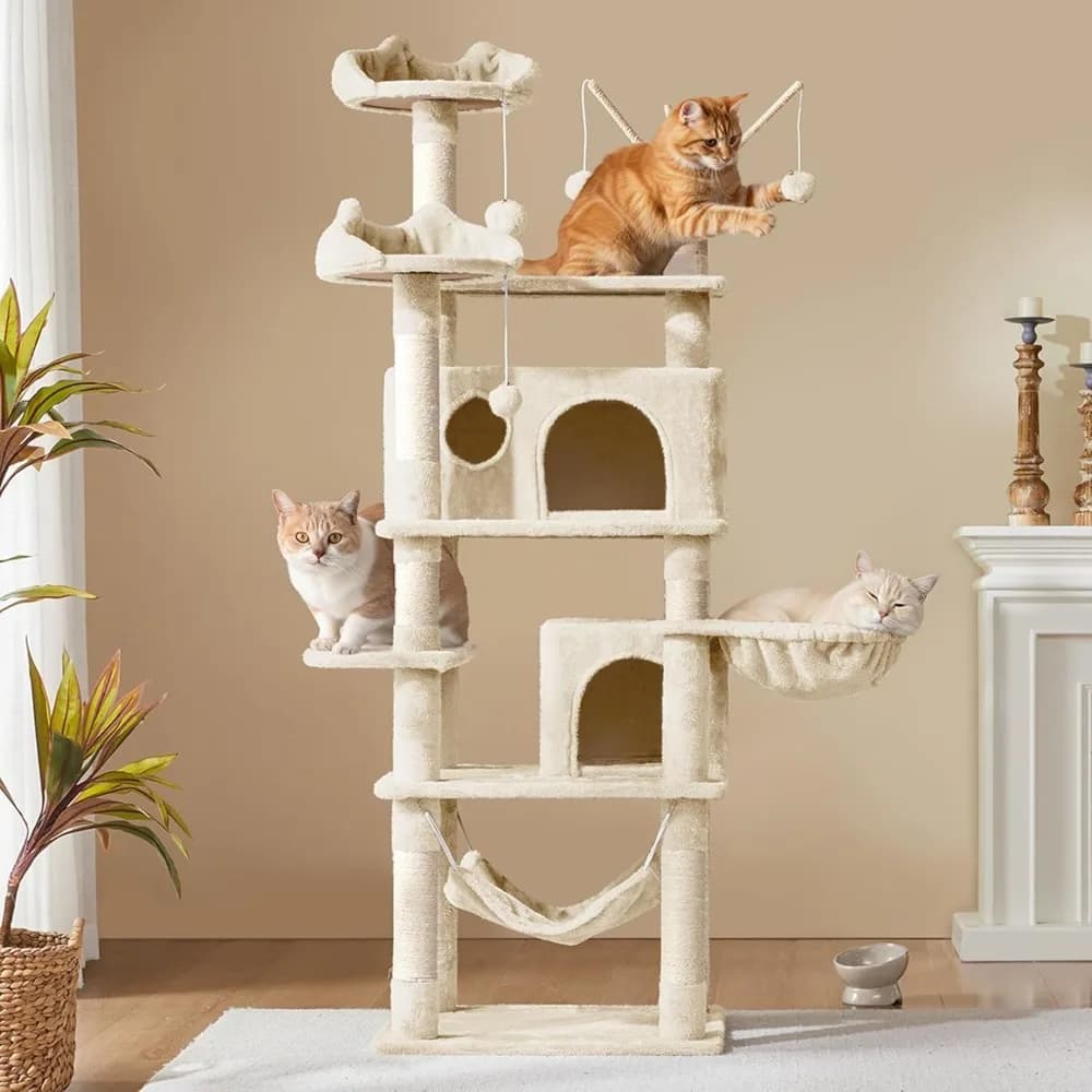 Albero per gatti, torre grande da 170 cm con 3 alette rimovibili, 2 posatoi a forma di orecchie di gattino, 2 casette, amaca, piantana per grattare