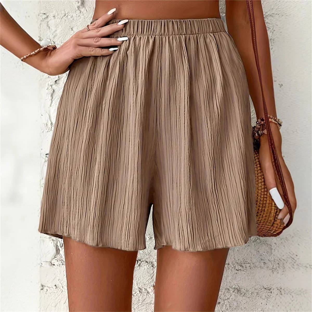 Pantaloncini da donna a vita alta tinta unita, Nuova Collezione Primavera Estate 2026, Pantaloni Corti Casual da Donna, Abbigliamento Semplice per Vacanze al Mare