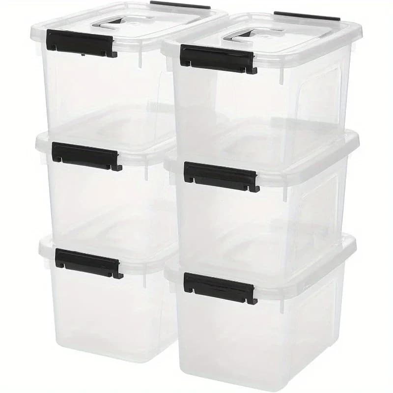 6 pieces, transparent plastic storage box with lock: stackable, suitable for home office/bathroom/kitchen/bathroom, save space