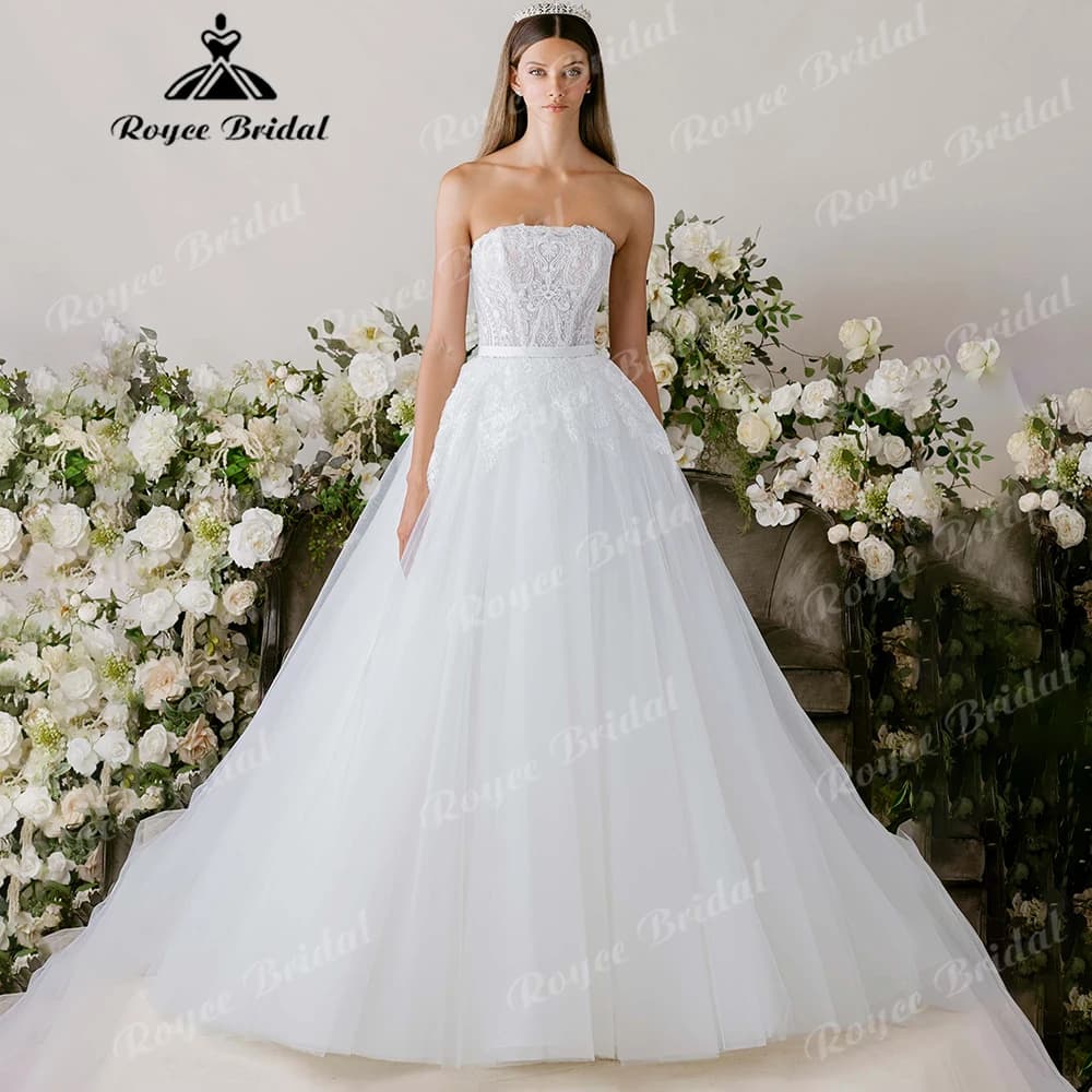 2026 Strapless Ball Gown Wedding Dress Corset Lace-Up Back with Tulle Train Bridal Gown perfect for elegant wedding Customized