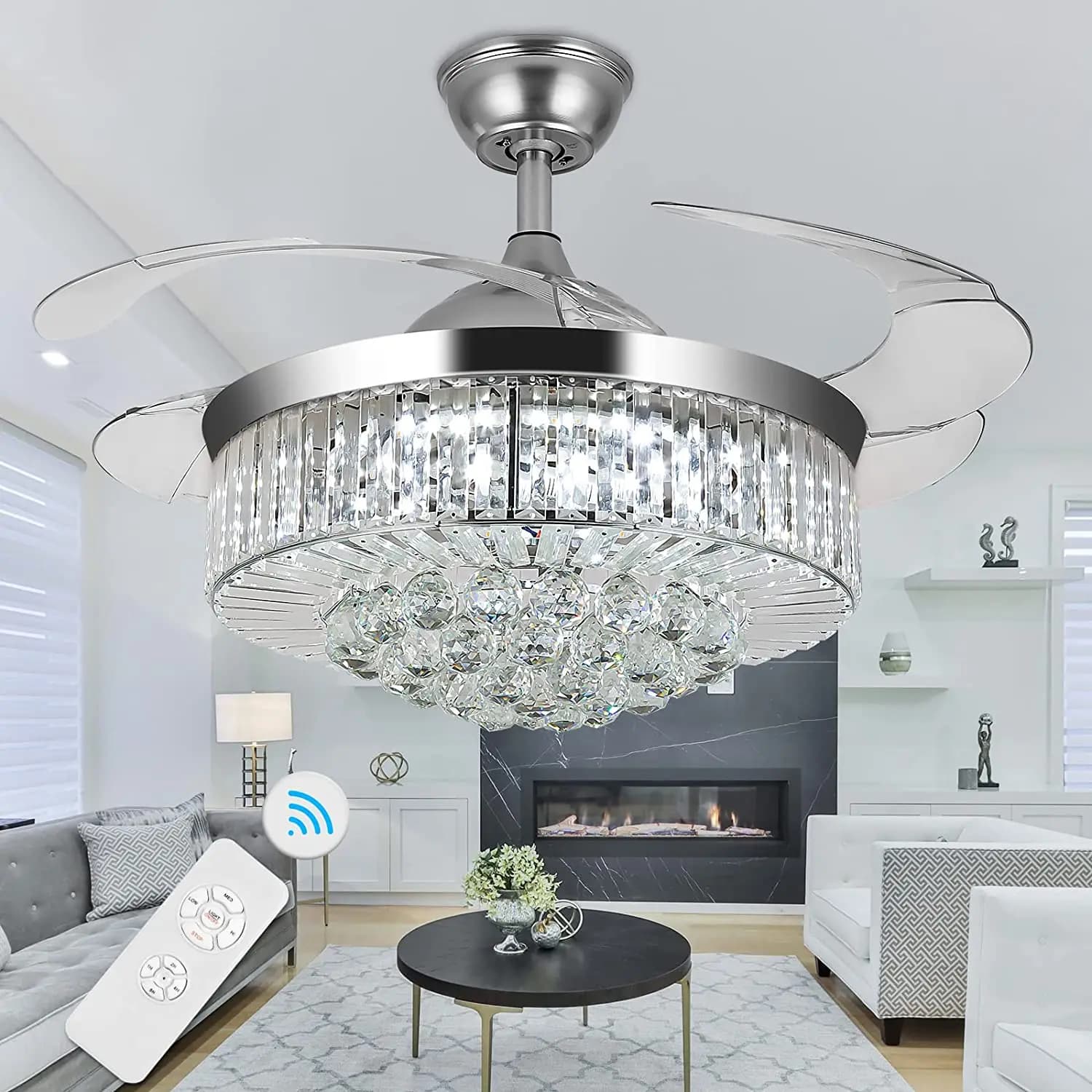 Lampadario a soffitto invisibile da 42 ", ventilatore da soffitto moderno in cristallo telecomando 4 pale in ABS retrattili per camera da letto