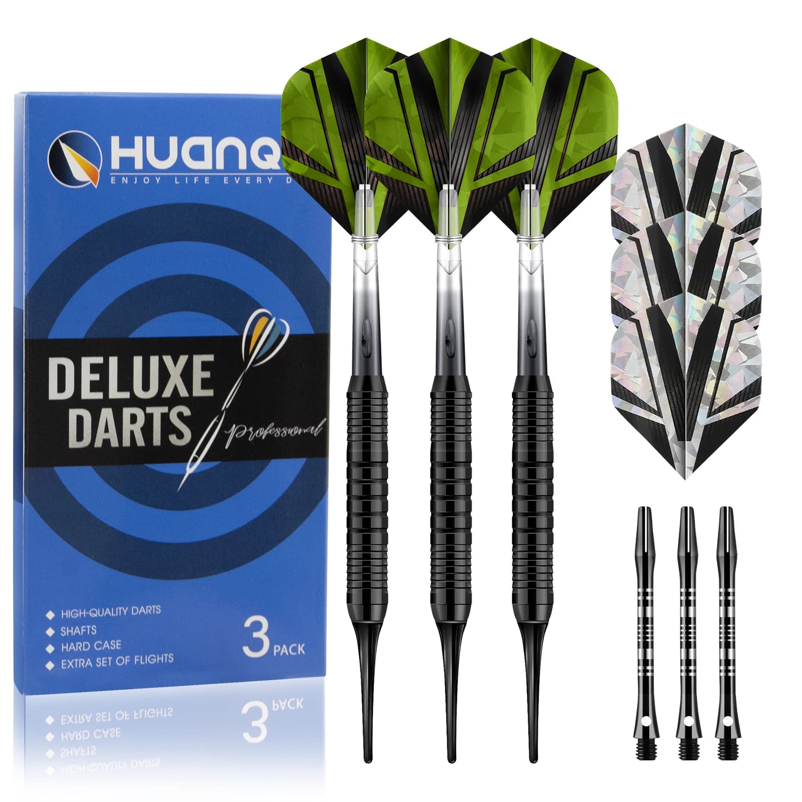 Set di freccette professionali Huanqu Universal Iron Dart con punta morbida, 3 freccette complete, 3 set extra di aste e alette per freccette e 10 punte sostituibili, custodia rigida protettiva, per competizioni e divertimento all'interno e all'esterno, per bar, famiglia, competizioni, allenamento, gioco, set di attrezzature sportive, regalo perfetto per le vacanze.
