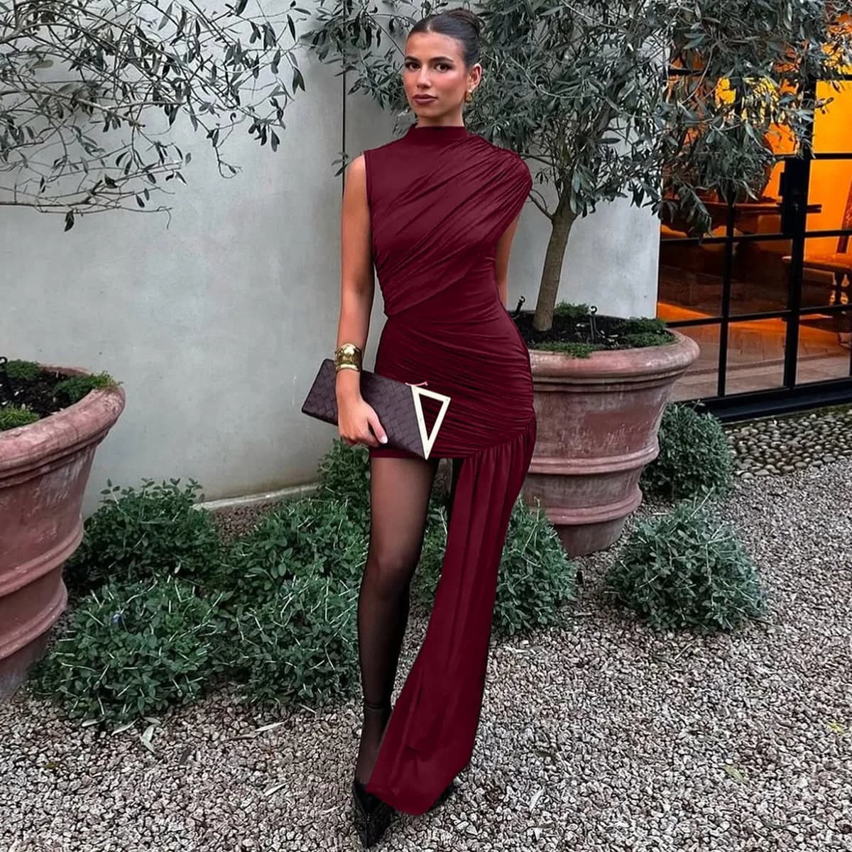 Elegant Irregular Pleated Dress For Women 2026 Solid New In Sleeveless Vestidos Lady Party Club Dresses Evening Spring Summer