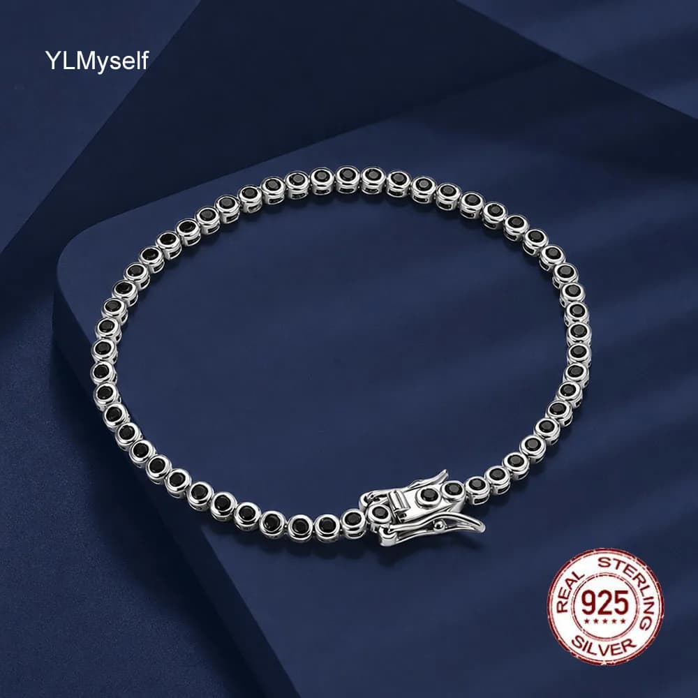 Bracciale Tennis con Zirconia Cubica Nera da 2mm, Catena in Argento Sterling 925 Massiccio, Taglio Rotondo AAA CZ, Gioielli Hip Hop