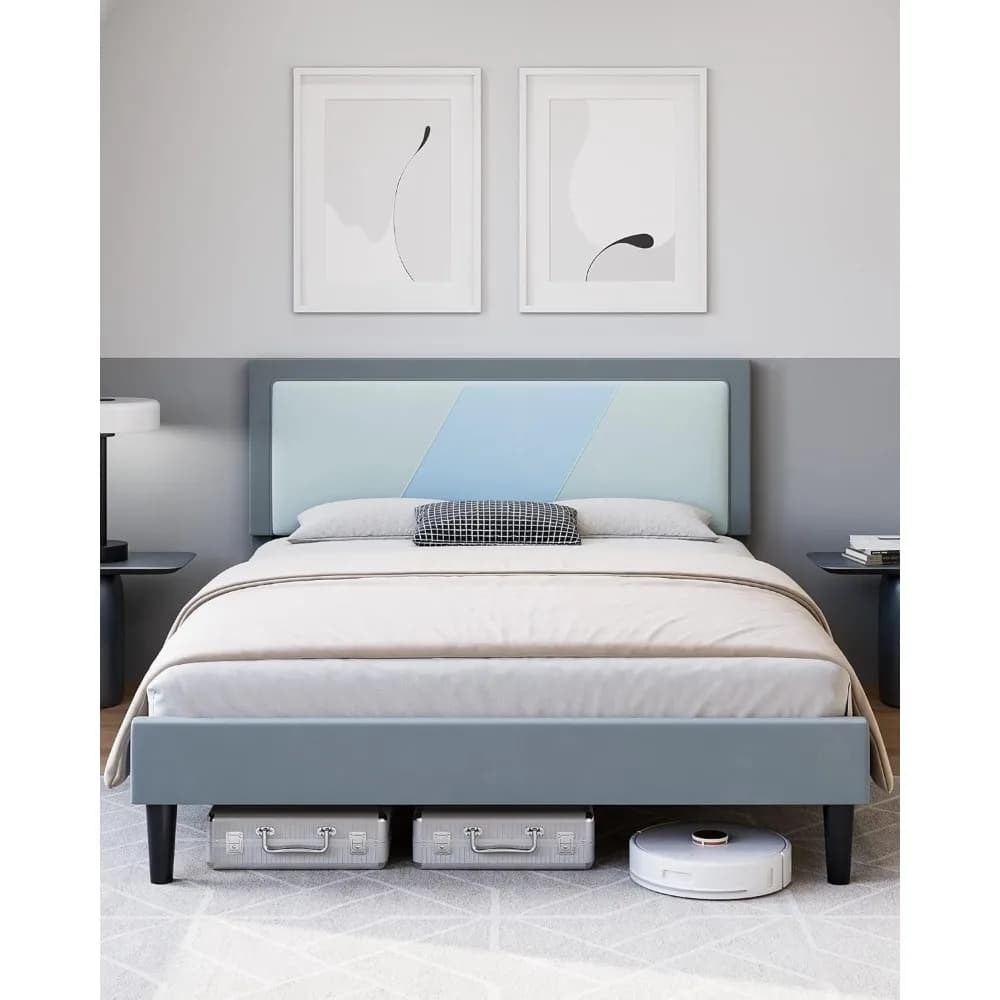 Double bed base with adjustable wooden headboard for mattress