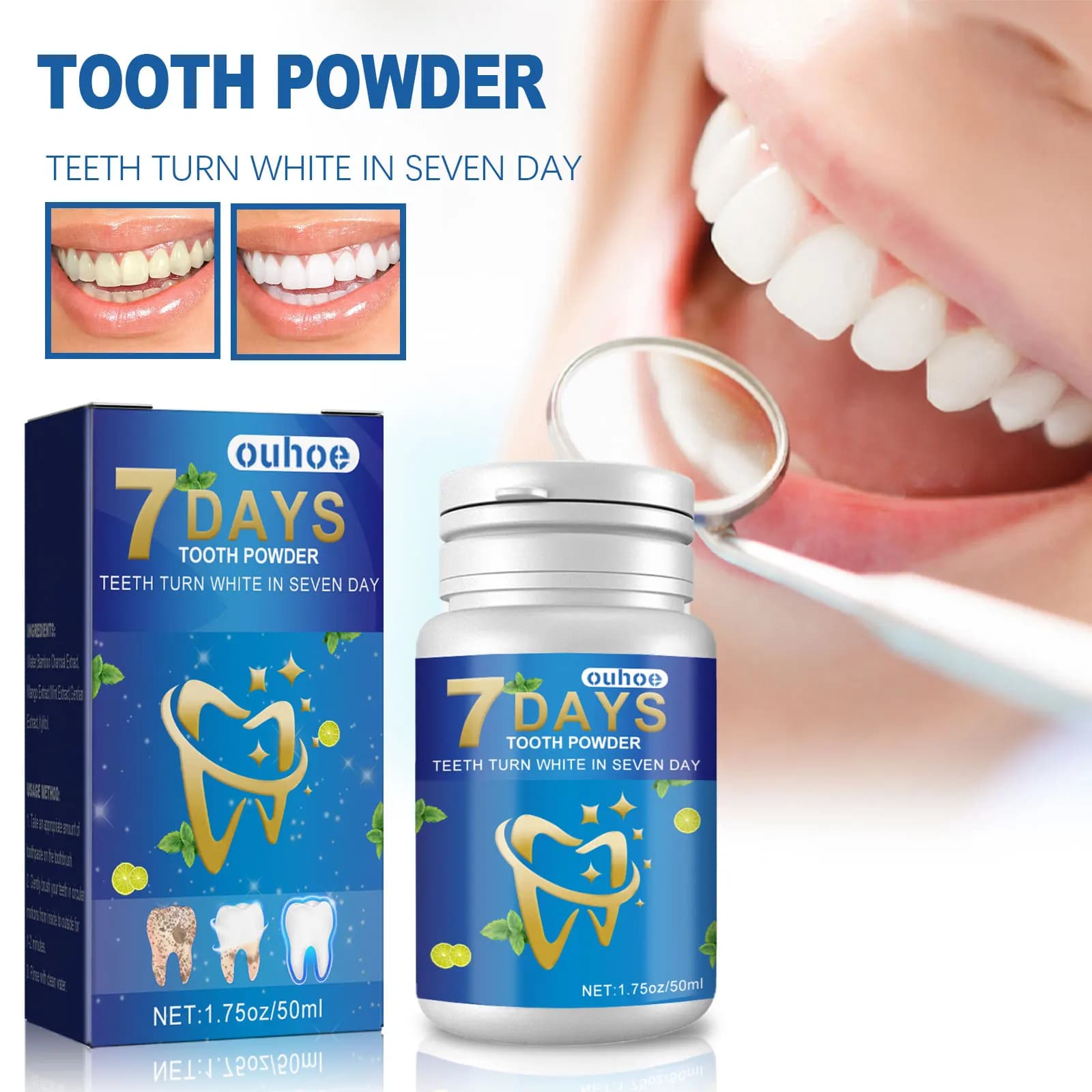 Ouhoe Menta Schiarente Denti Polvere Riparazione Gomma Proteggere I Denti Rimuovere L'alito Cattivo Prevenire La Carie Ripristina Luminoso Denti Naturali Polvere