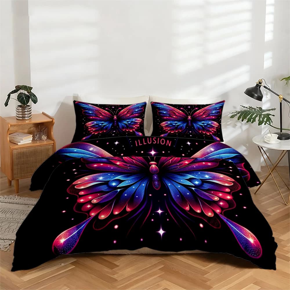Set di biancheria da letto con stampa digitale ad alta definizione, set copripiumino con motivo a farfalle iridescenti ultra-elegante, set copripiumino con stampa floreale di grandi dimensioni, include 1 copripiumino + 2 federe, adatto per camera da letto, camera degli ospiti, decorazioni per la casa, set copripiumino + federa in fibra di poliestere, set tre pezzi, biancheria da letto ultra morbida, tessuto spesso, adatto a tutte le stagioni, lavabile in lavatrice, 3 pezzi
