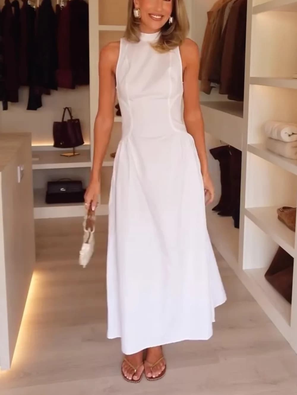 Elegante Abito Lungo Bianco Senza Maniche da Donna, Collo Alto, Vita Sottile, Linea ad A, Vestito Estivo Chic per Feste Serali, Tinta Unita