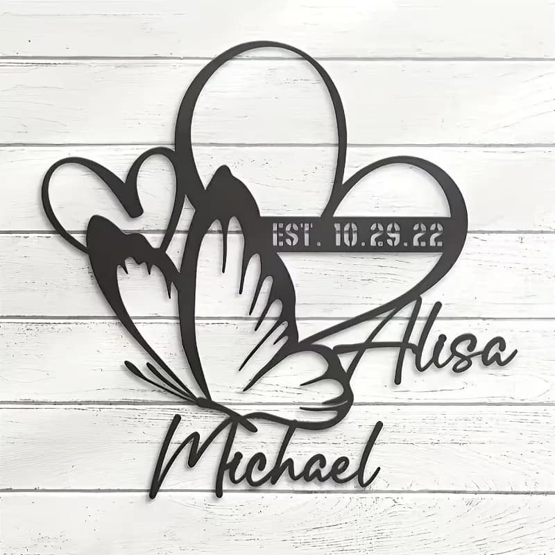 Insegna artistica da parete in metallo con farfalla personalizzabile, a forma di cuore, ideale per porta/soggiorno/esterno/patio/regalo di San Valentino