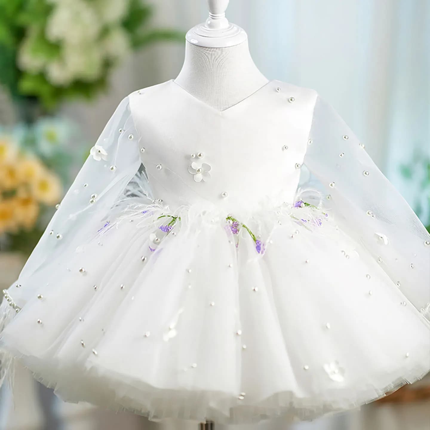 Dreamy Vow J553 Affascinante top in raso tulle tulle piume perlesate maniche lunghe abito da ragazza di fiore per bambini con fiocco da sera per matrimonio
