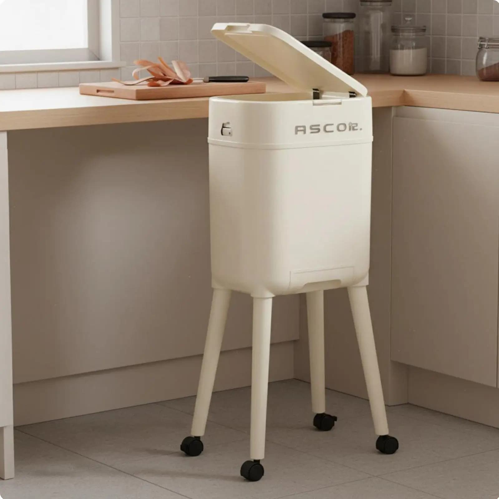 Rolling Waste Bin with Lid Instant-Release Open Tall Trash Can with Legs Large Capacity Elevated Garbage Can on Wheels Restroom