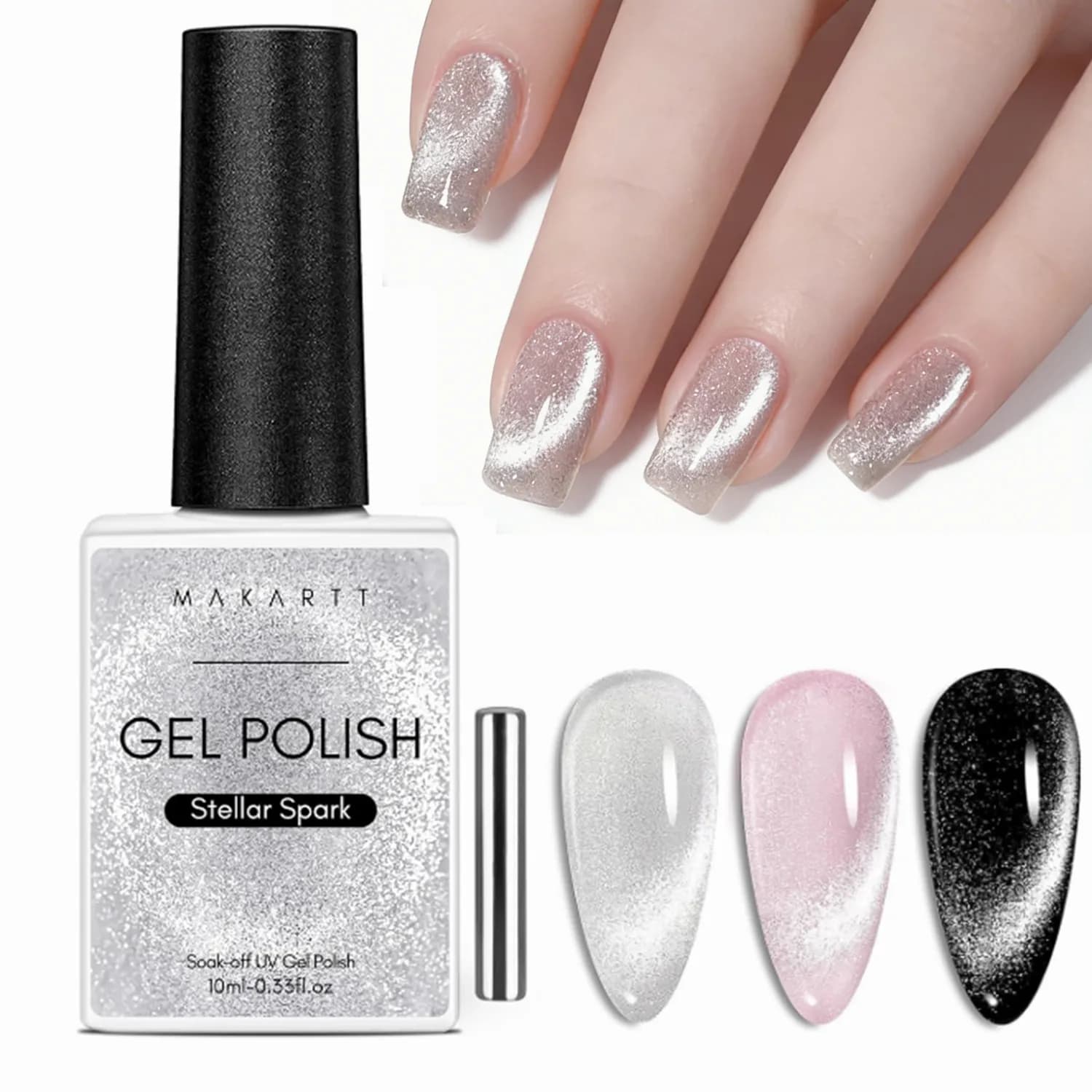 Smalto per unghie gel Silver Cat Eye - Smalto gel glitter Makartt da 10 ml con magnete Soak Off Smalto per unghie in velluto UV Manicure fai da te