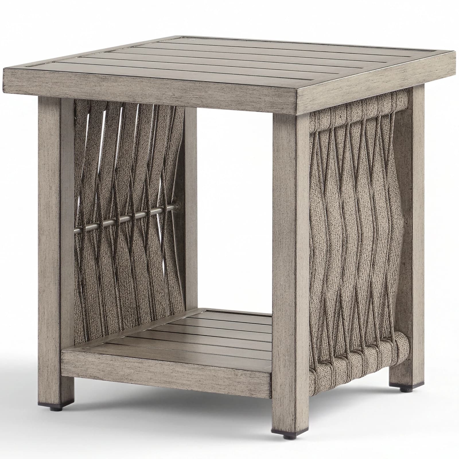 Tavolino da patio SeeHill, tavolino quadrato da esterno in alluminio, tavolo a 2 livelli in tessuto di corda con gambe regolabili, finitura rovere grigio