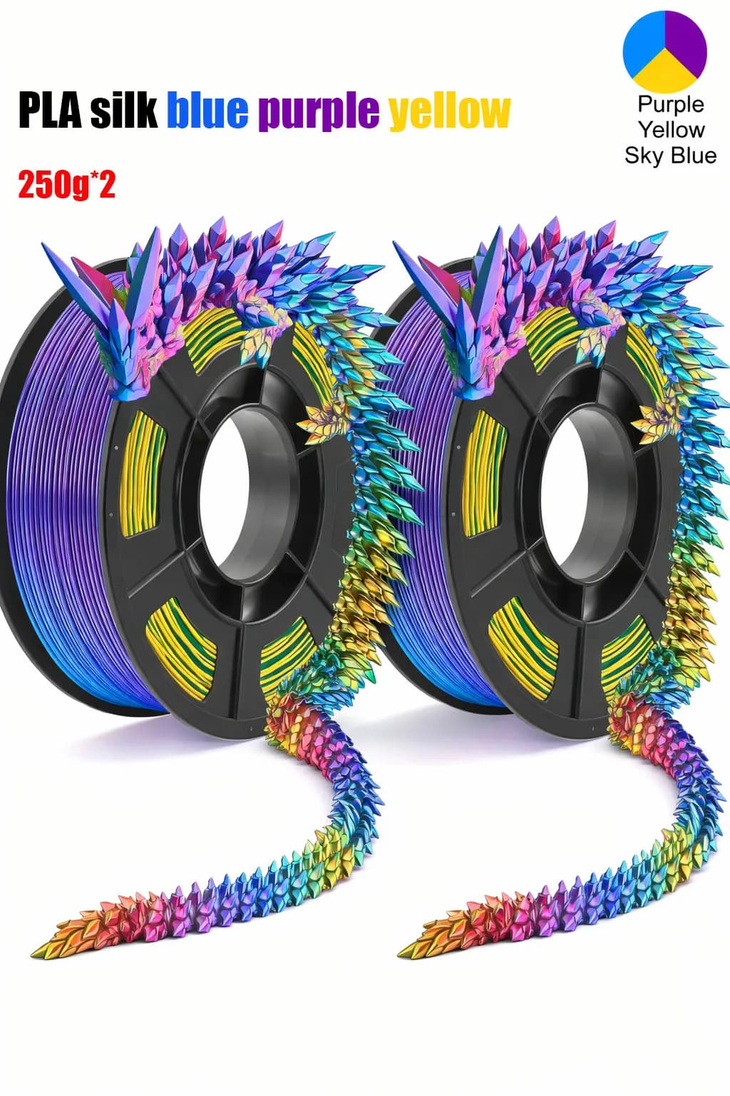 Filament PLA Tricolor Silk Blue Purple Yellow 1.75mm, 3D Printing Filament, 500g, 3D Printer Filament