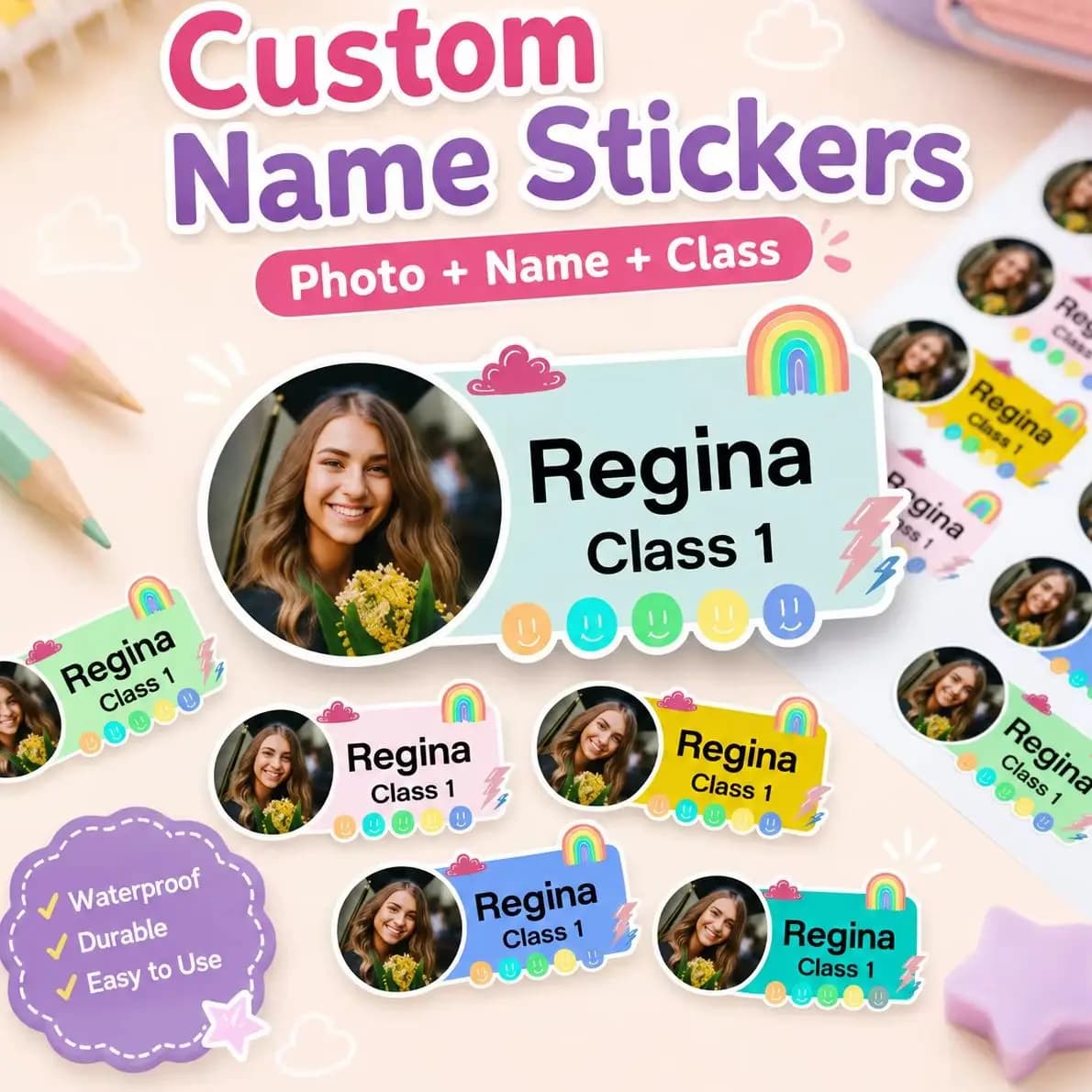 Personalized Photo Label stickers Custom Name stickers Suitable for Water Bottles, Stationery, Books Waterproof High Quality